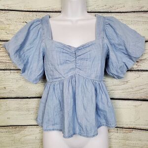 Old Navy Women’s Light Blue Puff Sleeve Peplum Top XS Cotton Blouse Square Neck